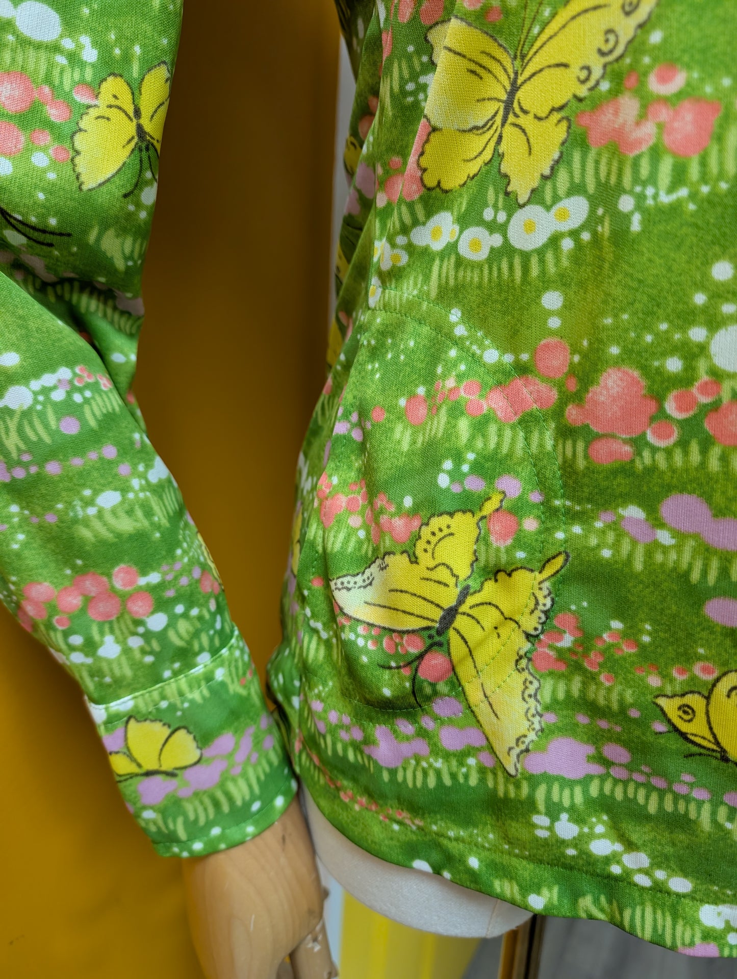 1970s Whip-O-Will green novelty butterfly print shirt - XS/S