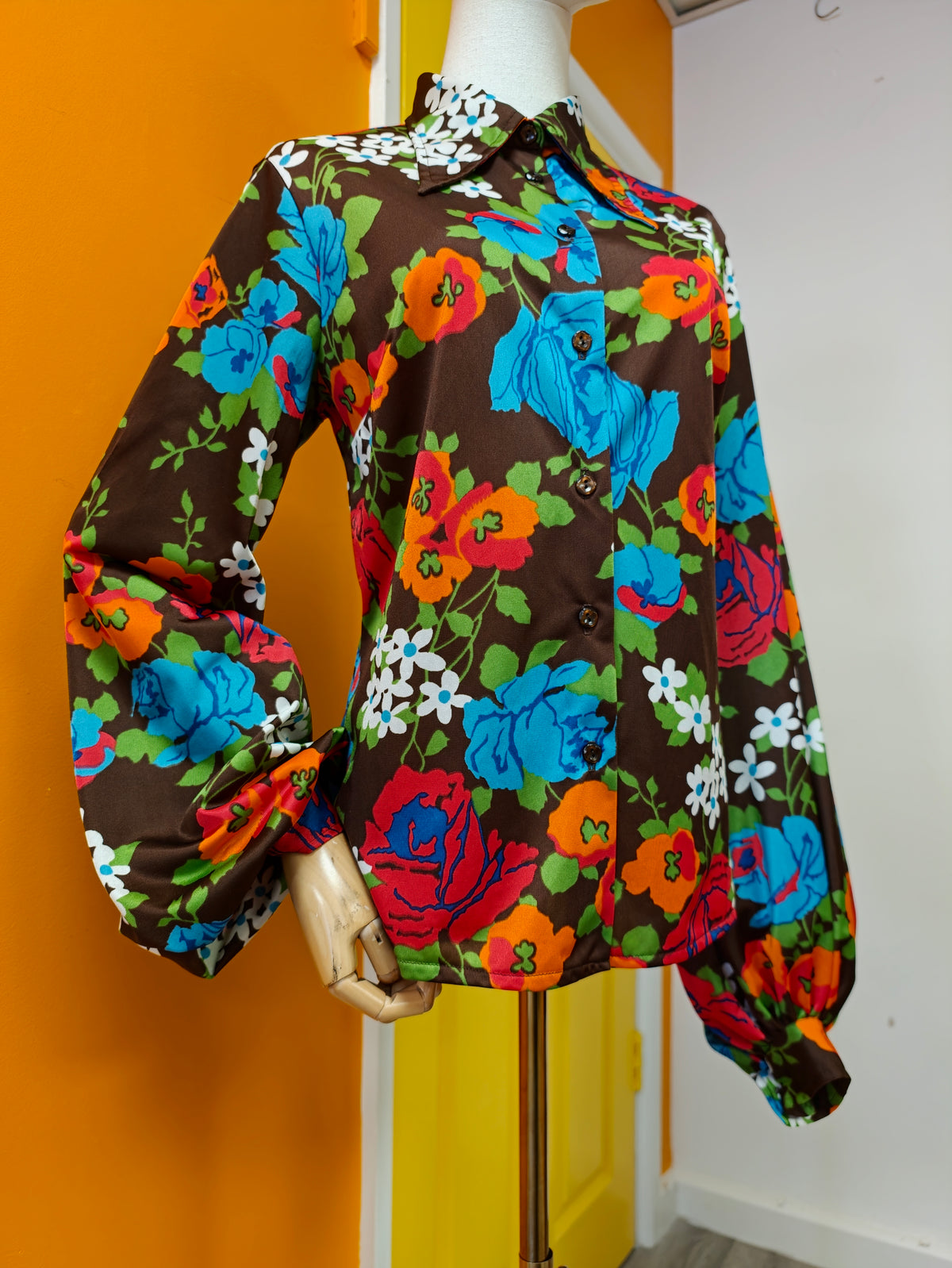 1970s St Michael floral balloon sleeve shirt - M