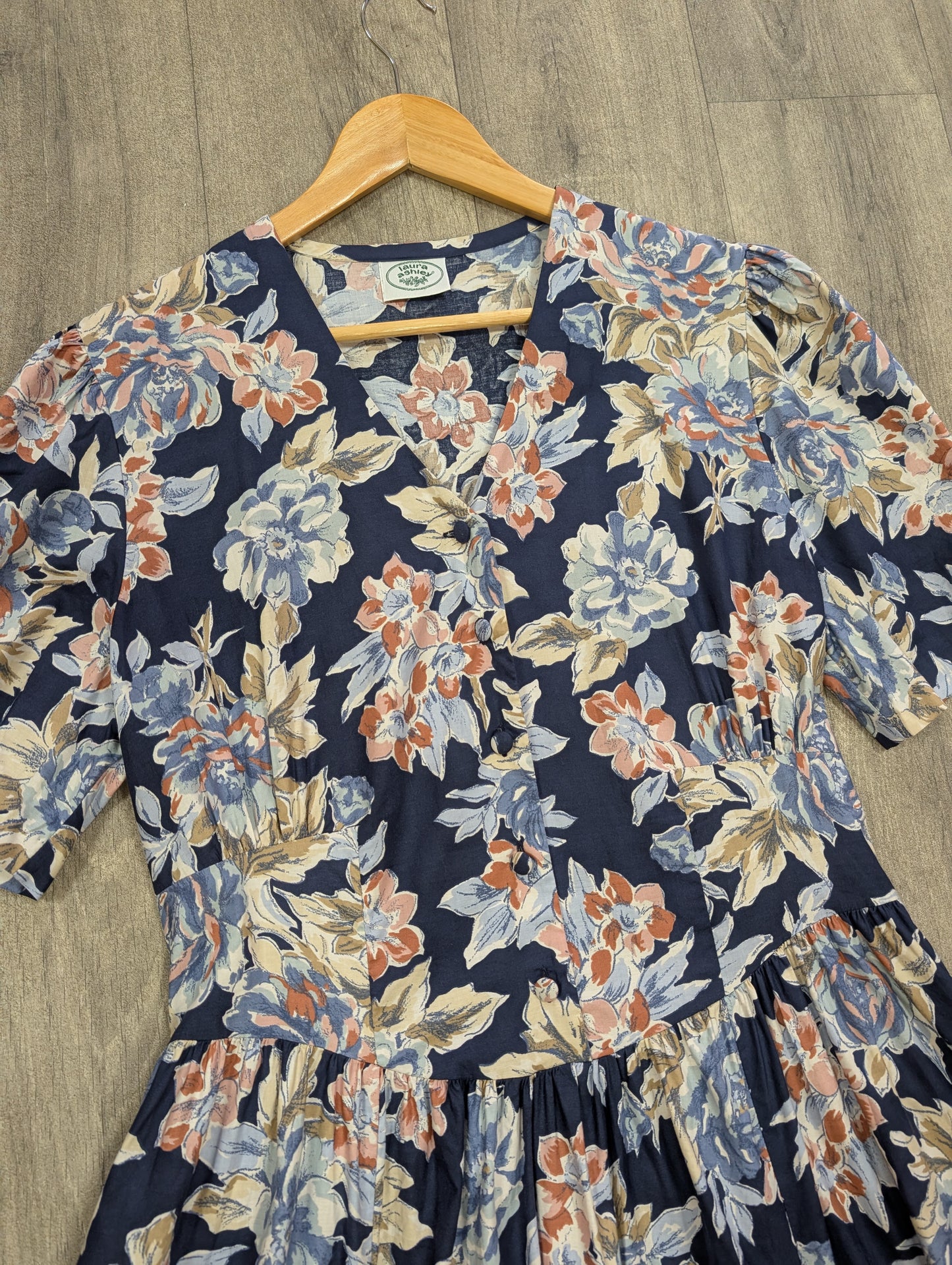 1990s Laura Ashley navy blue floral cotton dress - M/14
