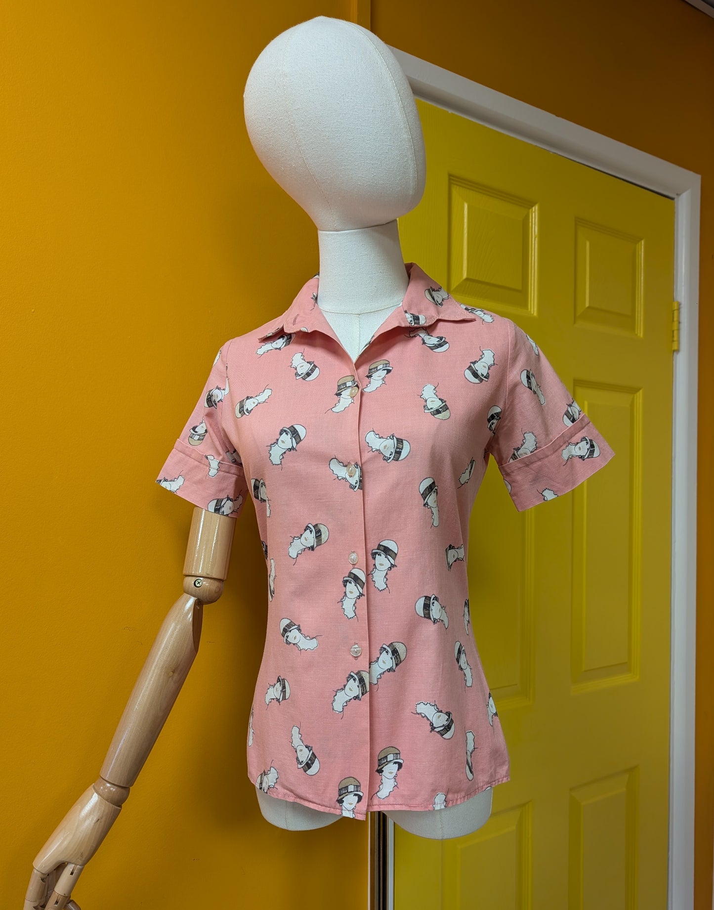 1970s Vinetta pink novelty print cotton shirt - XS
