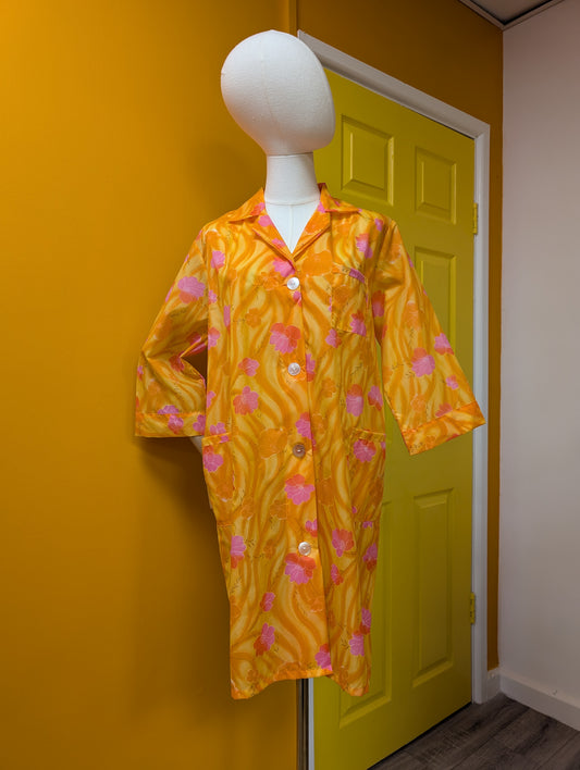1960s Enfield floral orange & pink nylon house coat - M
