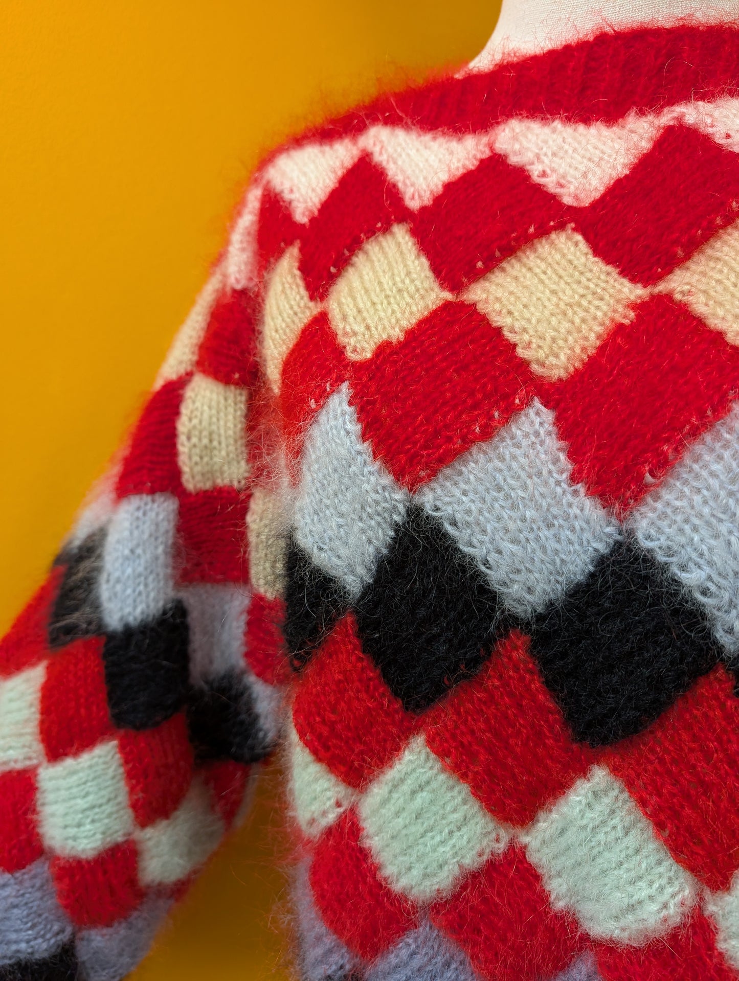 1980s red mohair hand knitted jumper - S/M
