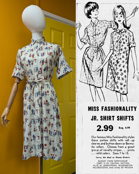 1960s Miss Fashionality novelty print cotton shirt shift dress