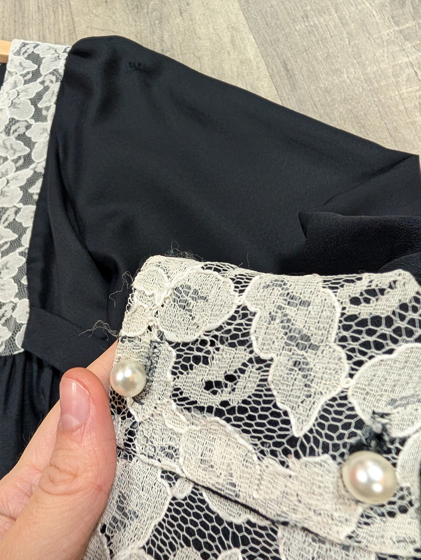 1970s C&A black blouse with white lace - S/8/10