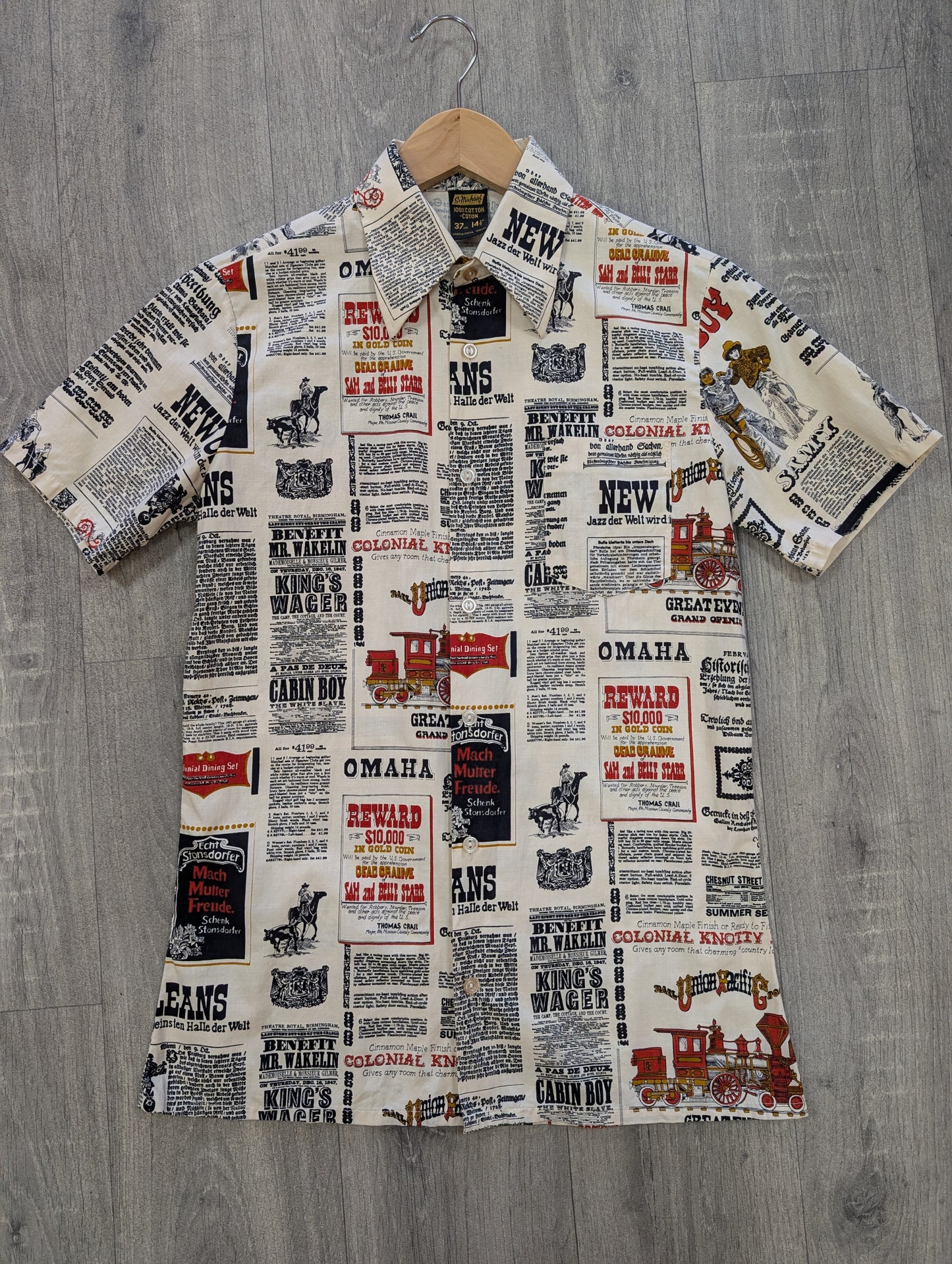 1970s St Michael novelty newspaper print dagger collar shirt