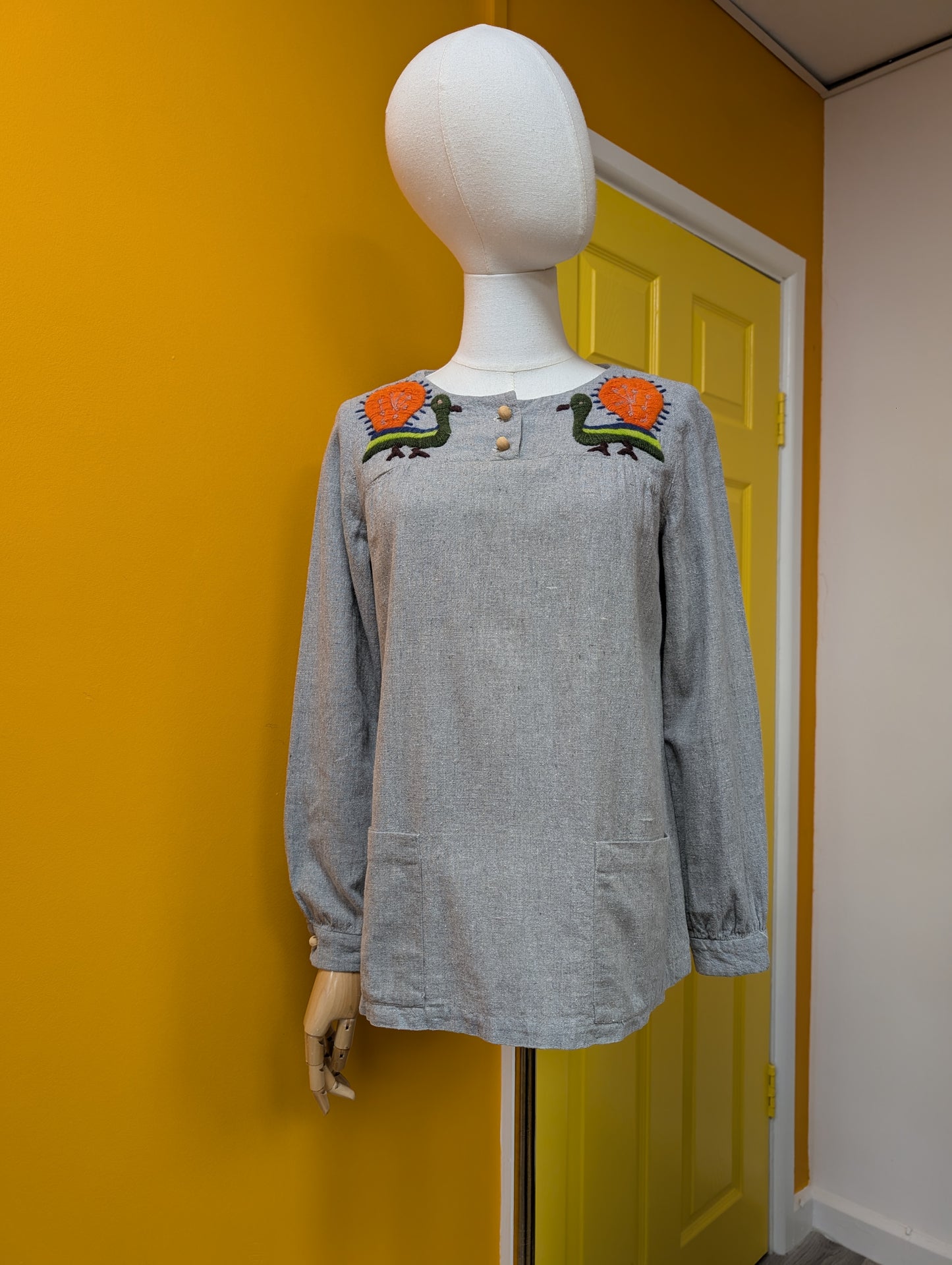 1970s India Imports embroidered peacock cotton top - S