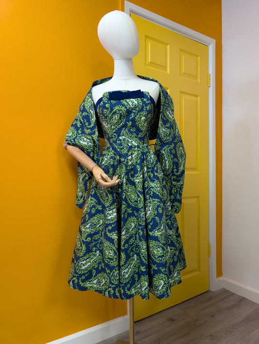 1950s Peter Robinson paisley strapless dress & shawl - XS/6