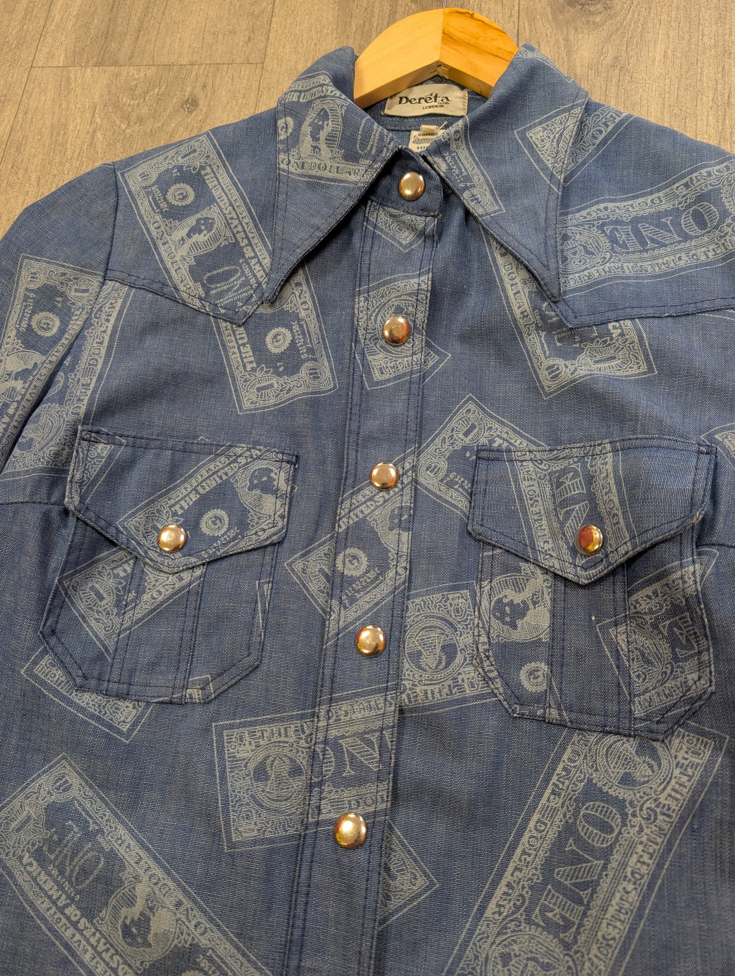 1970s Dereta novelty dollar bill print flares and shirt trouser suit - S