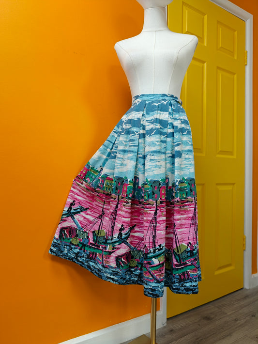 1950s Susan Barry novelty scenic print skirt