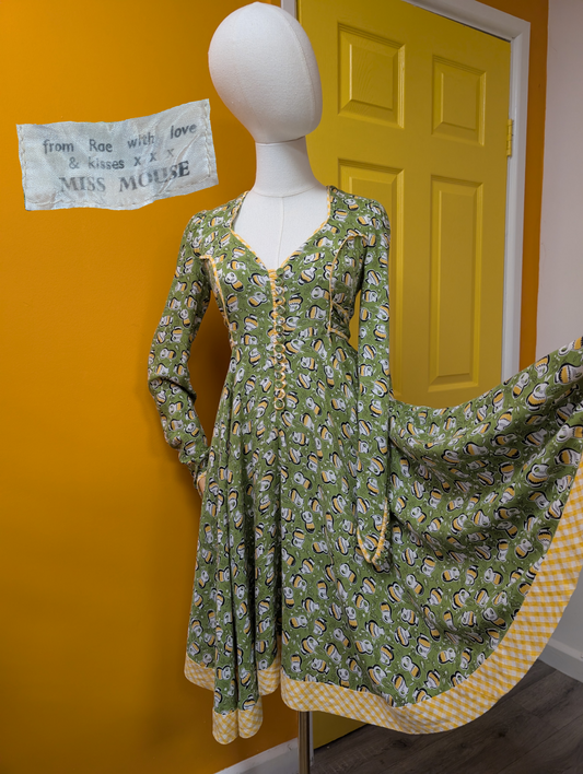 1970s Miss Mouse green & yellow novelty print dress - S/8