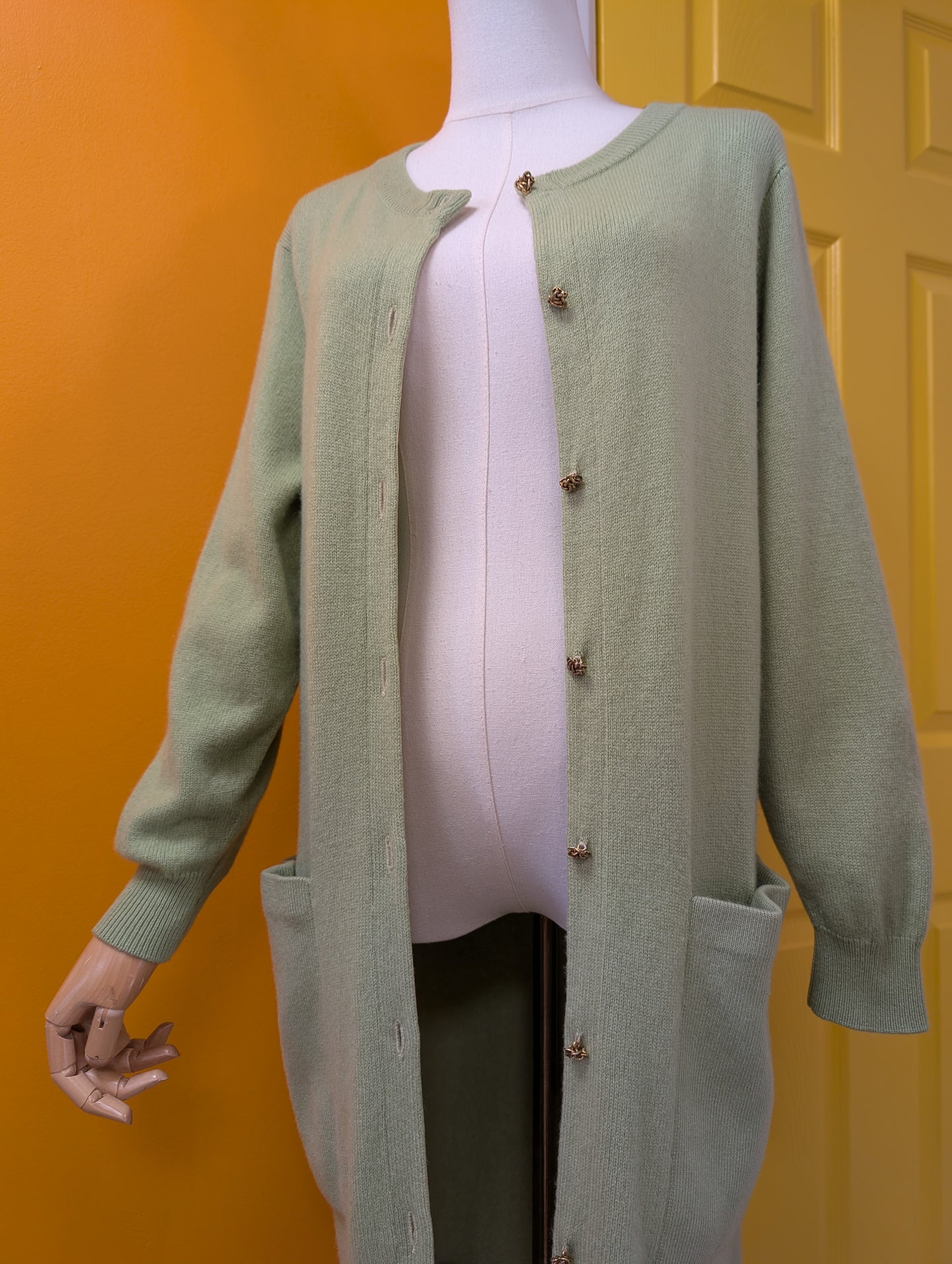 Gorgeous 1960s Bonnie Cashin Ballantyne cashmere long green cardigan