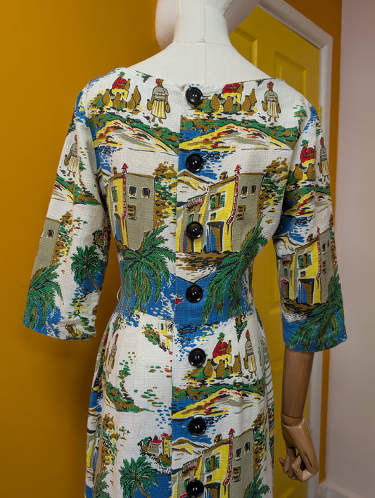 50s/60s Selincourt novelty print barkcloth dress - S/10