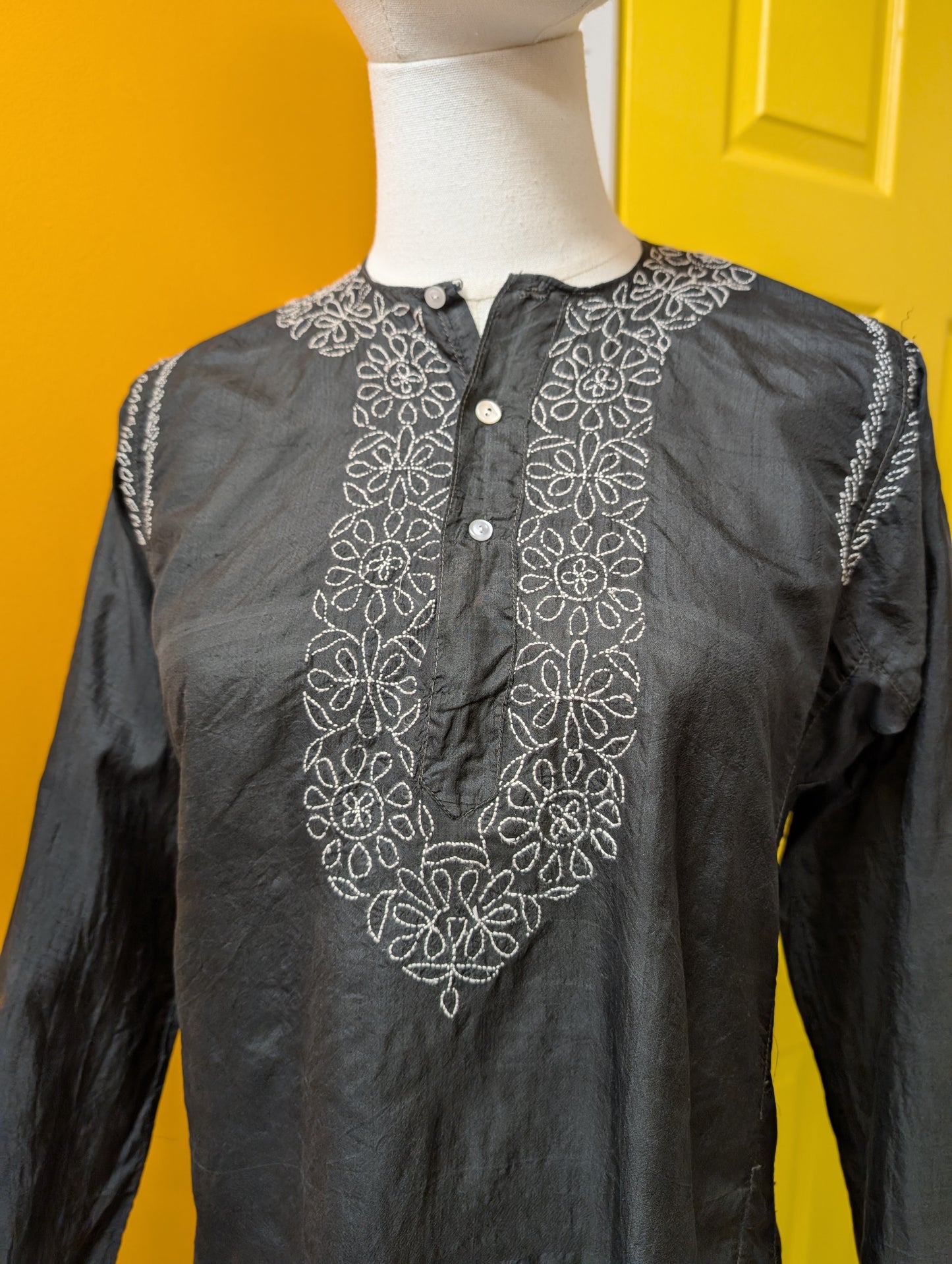 1970s Indian black silk embroidered top - XS/S