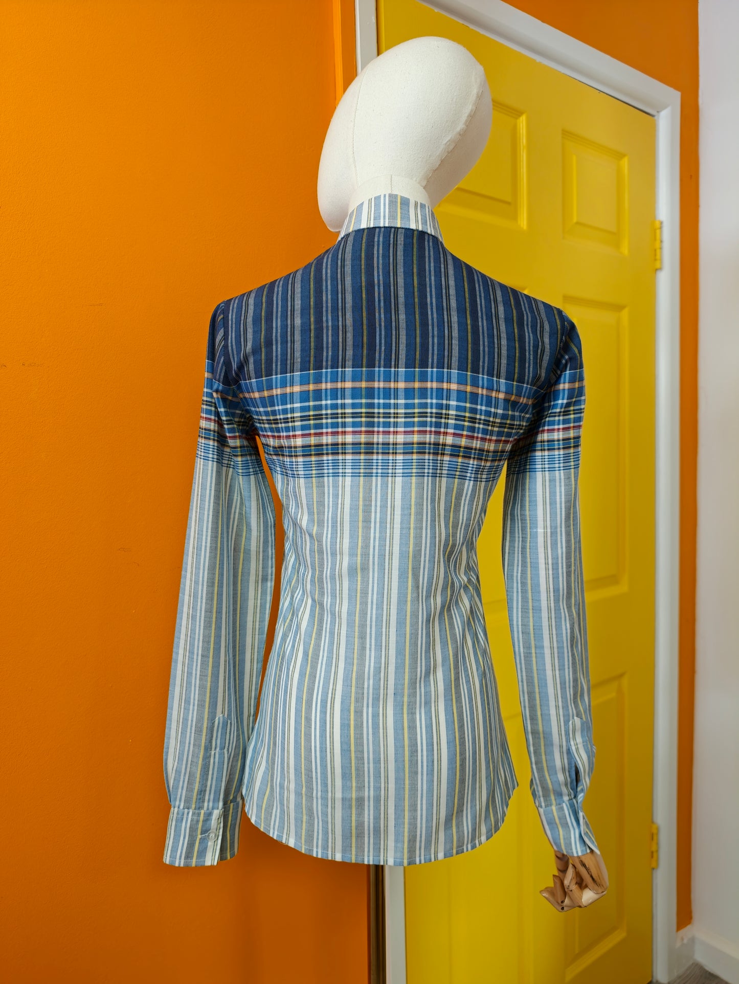 1970s Lecomte blue check dagger collar shirt - XS
