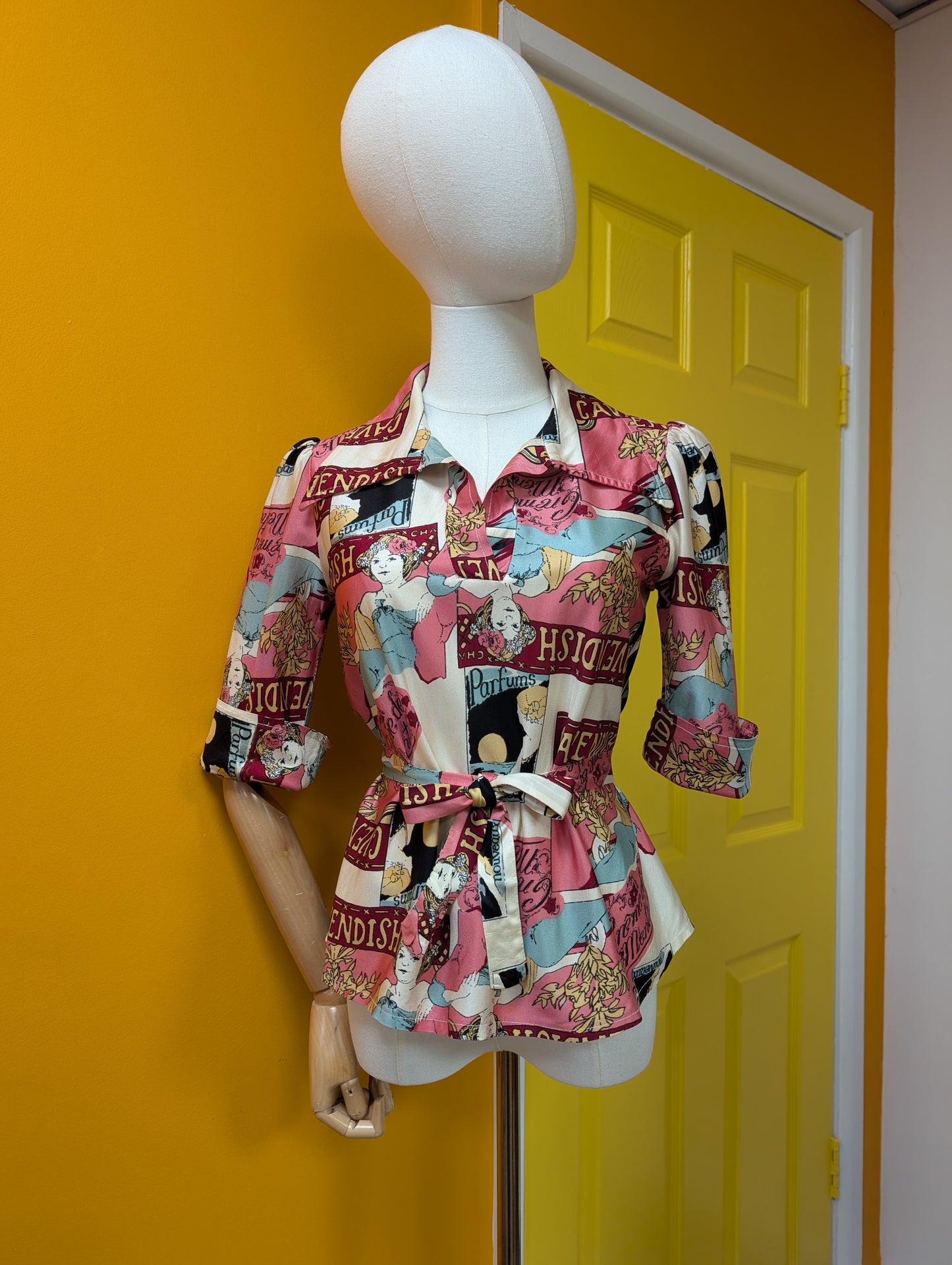 1970s Dorothy Perkins novelty Art Nouveau print tie waist top - XS/S