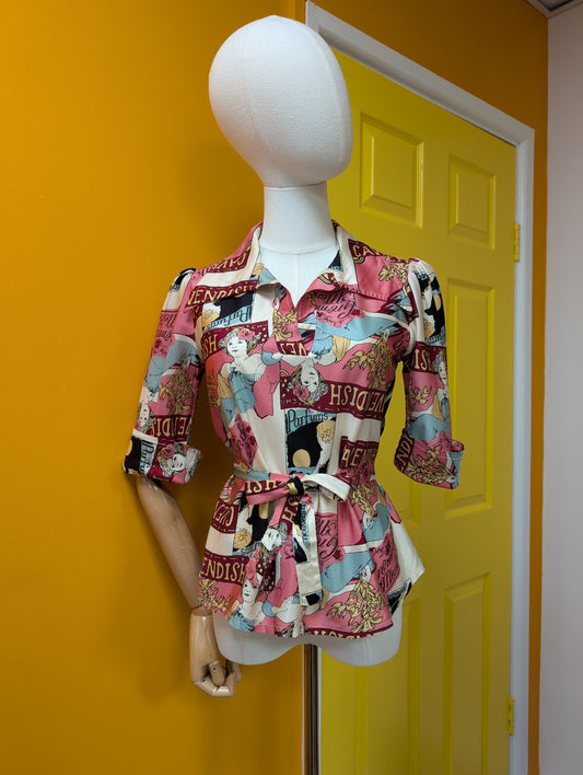 1970s Dorothy Perkins novelty Art Nouveau print tie waist top - XS/S