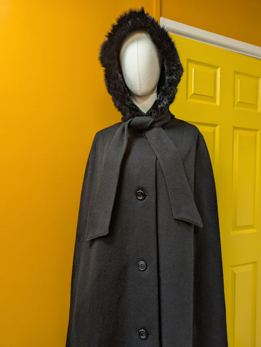 1960s Raymond of London black wool cape with fur trim