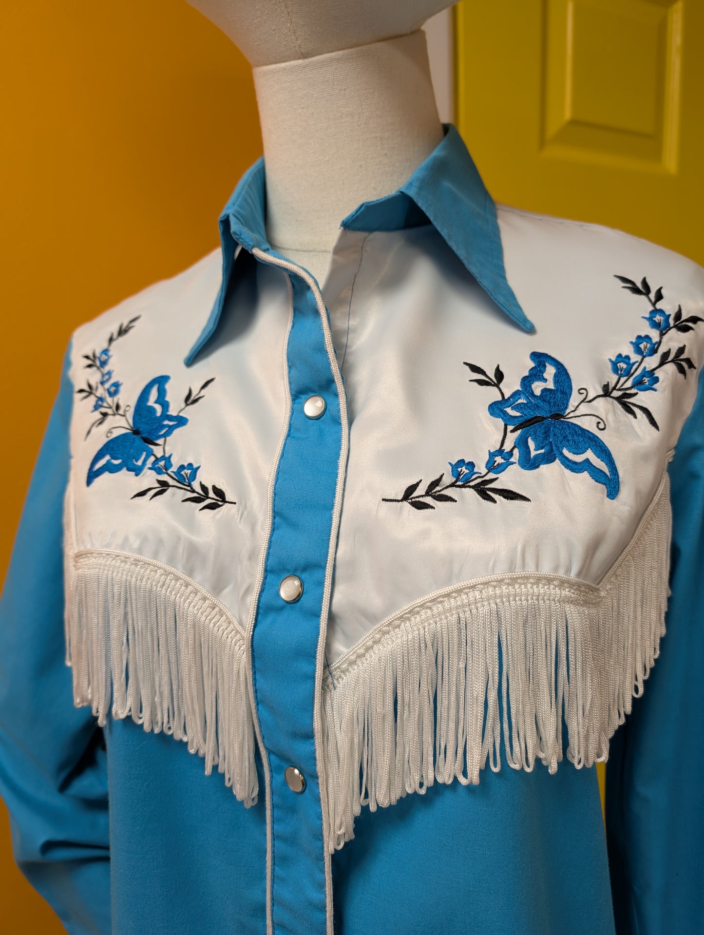 1970s embroidered and fringed blue butterfly western shirt