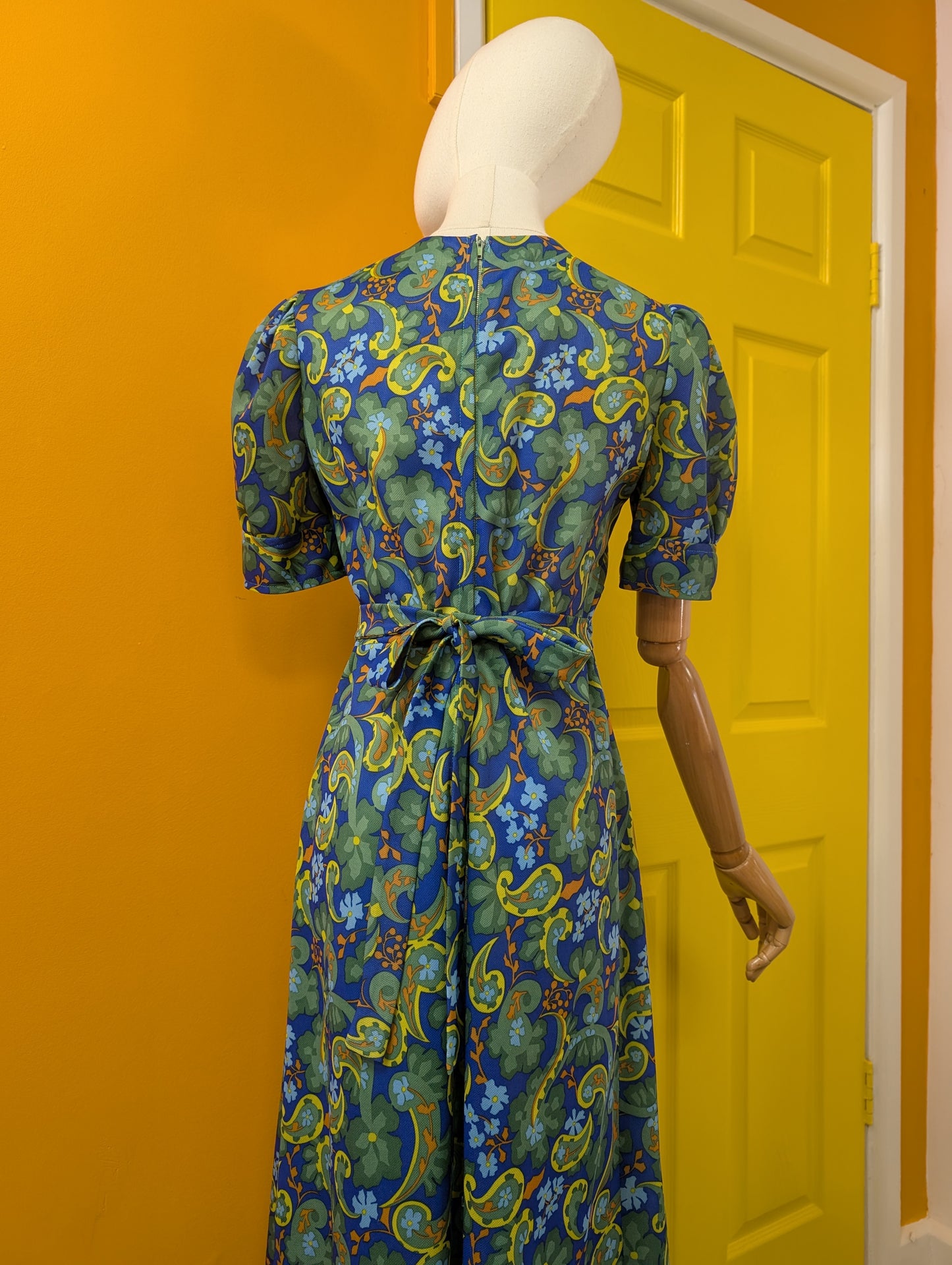 1970s green/blue paisley maxi dress - S/10