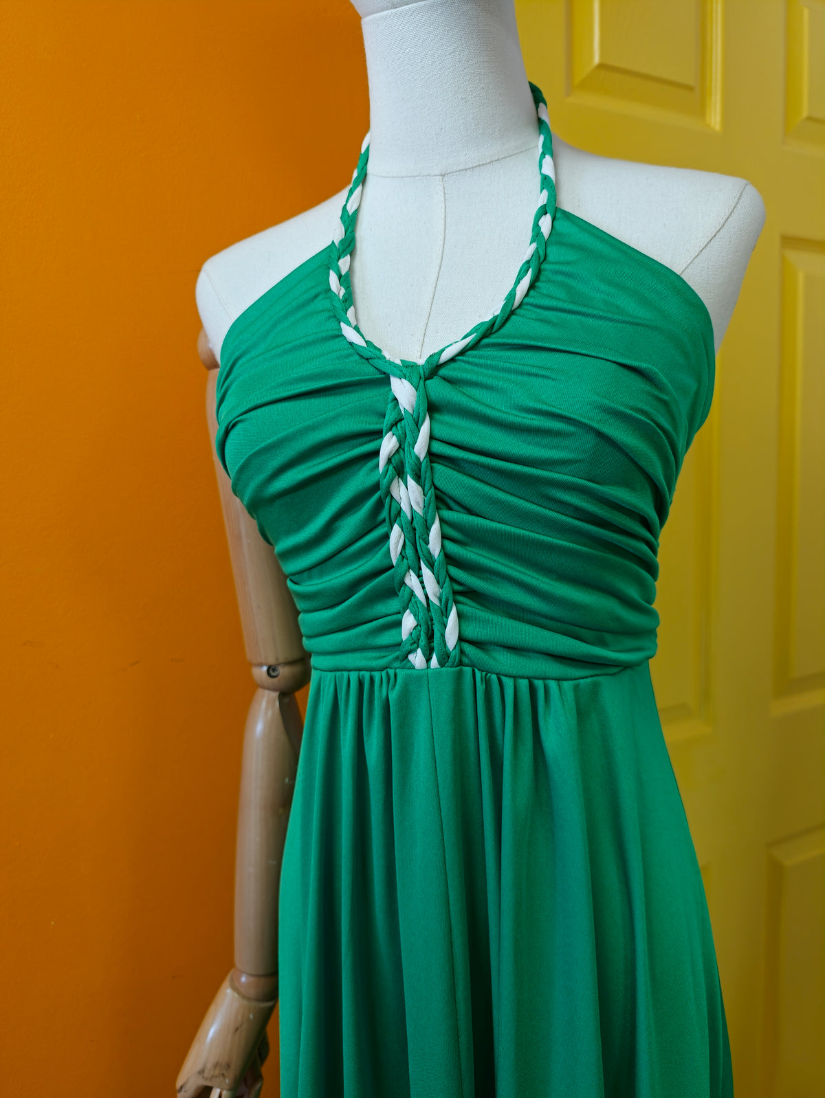 1970s green halter neck maxi dress - XS/6