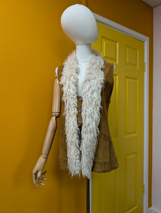 1970s suede waistcoat with faux fur trim - S
