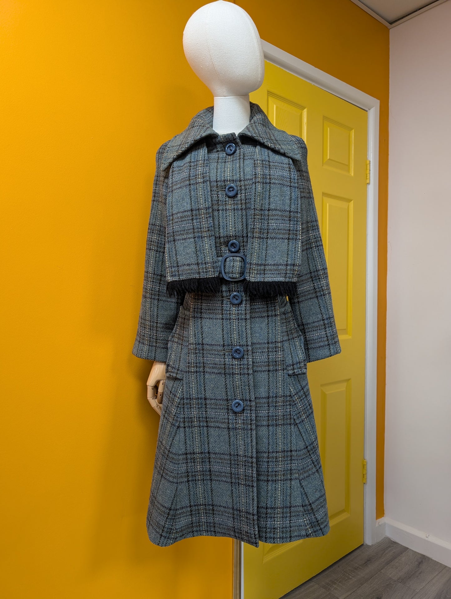 1970s wool blend coat, belt & scarf