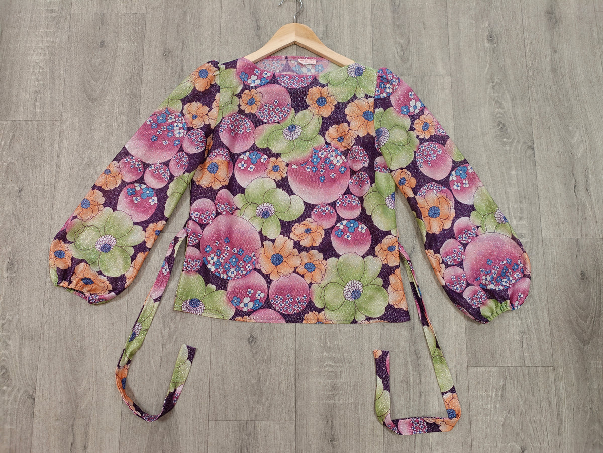 1970s floral lurex top with belt - S