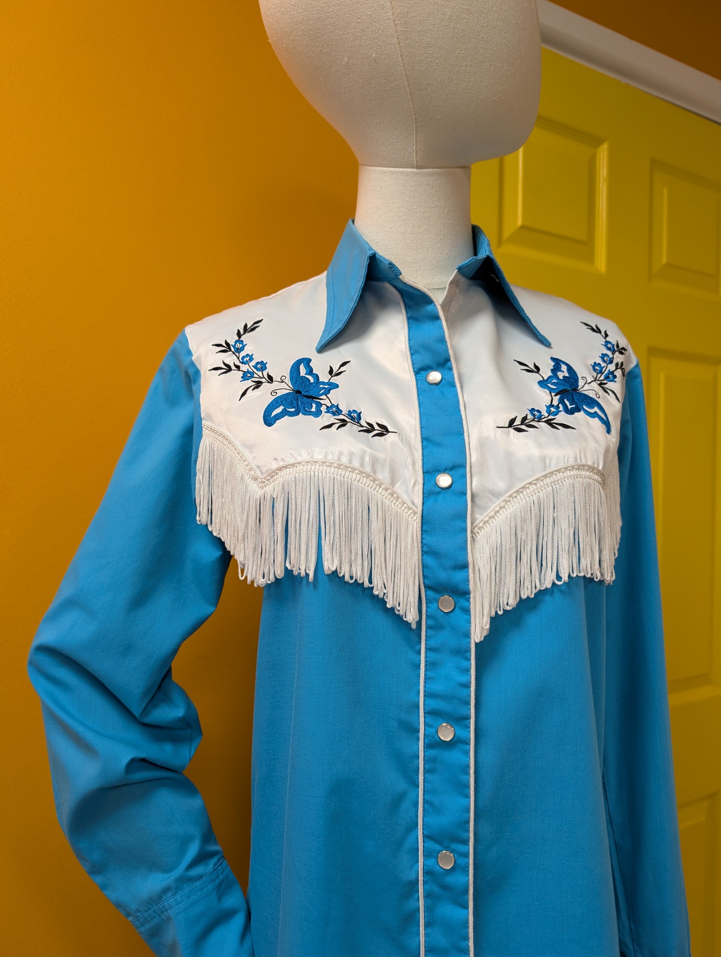 1970s embroidered and fringed blue butterfly western shirt