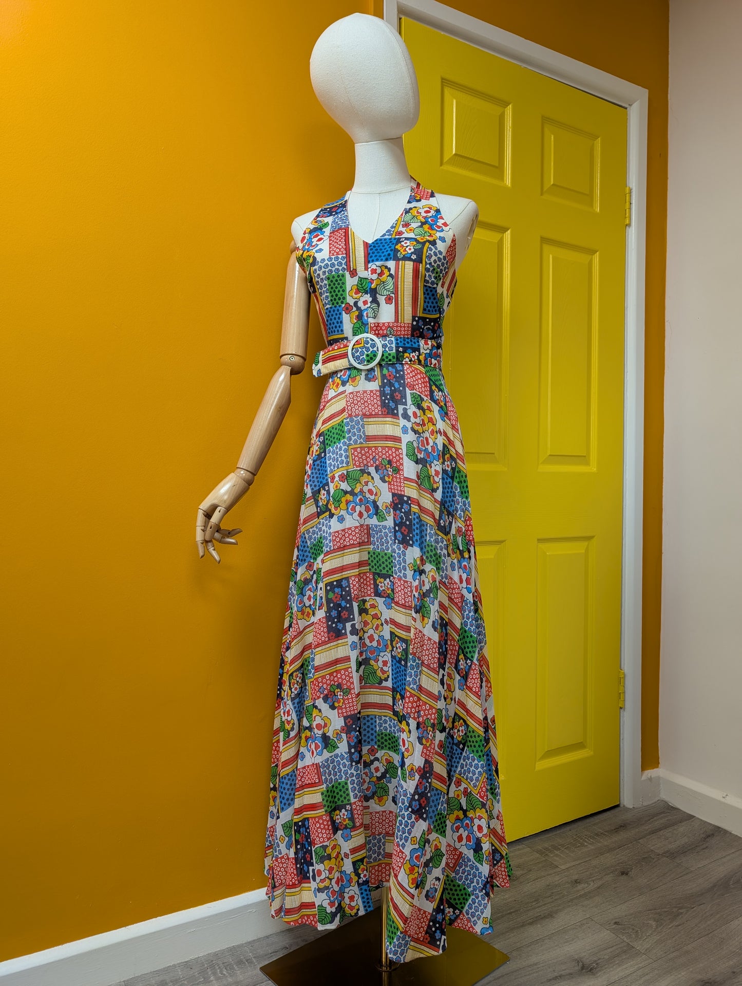 1970s Shubette patchwork print halter neck maxi dress - S/8