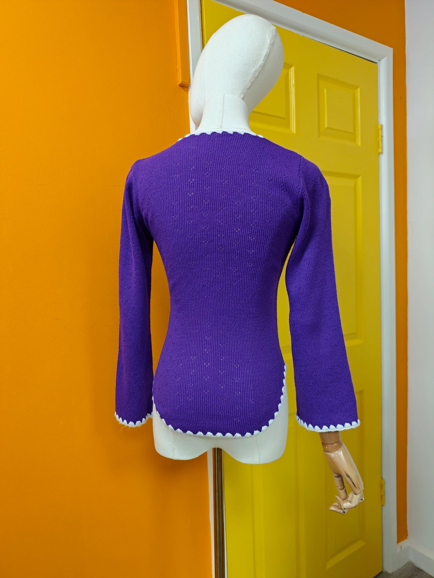 1970s purple knitted top with white trim - XS/S