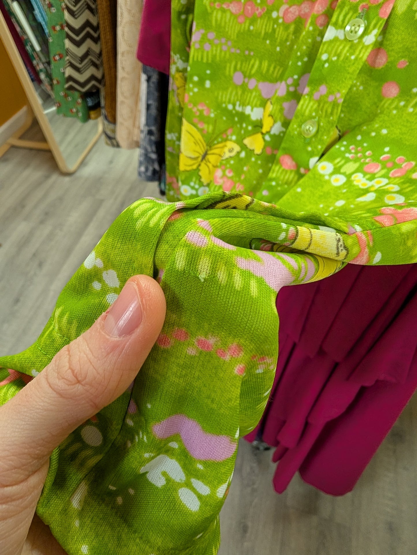 1970s Whip-O-Will green novelty butterfly print shirt - XS/S