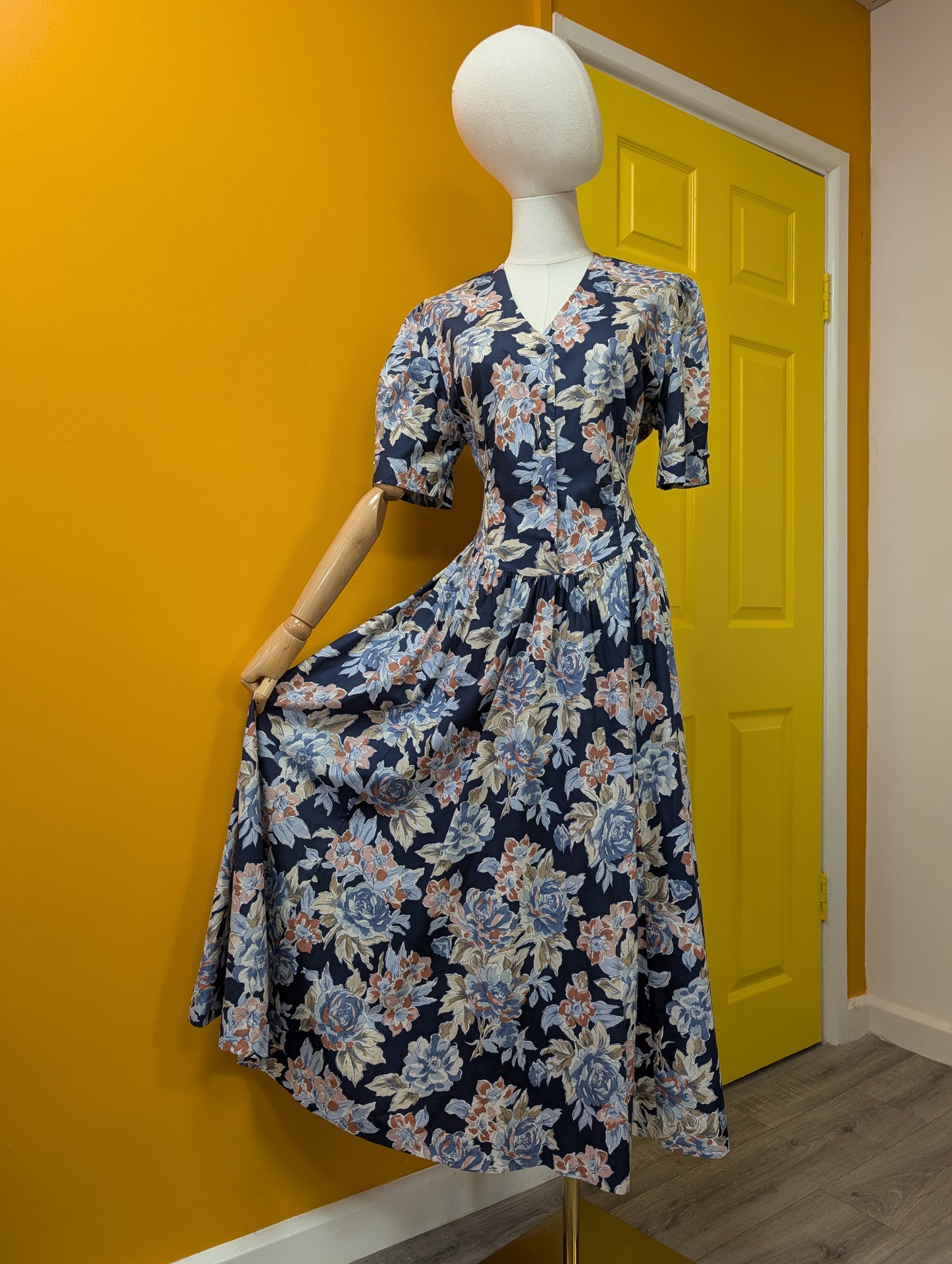1990s Laura Ashley navy blue floral cotton dress - M/14