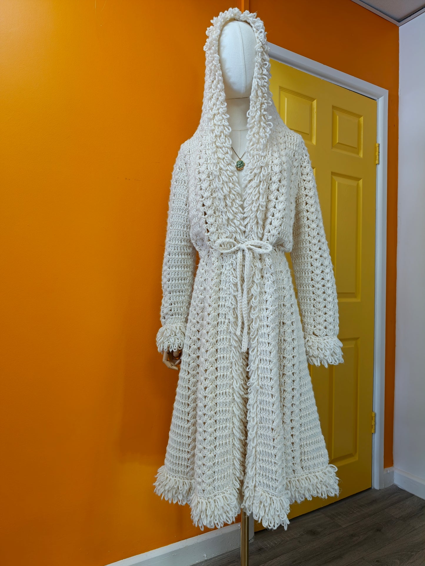 1970s crochet loop stitch hooded long cardigan