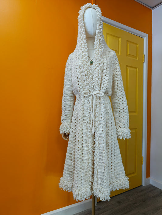 1970s crochet loop stitch hooded long cardigan