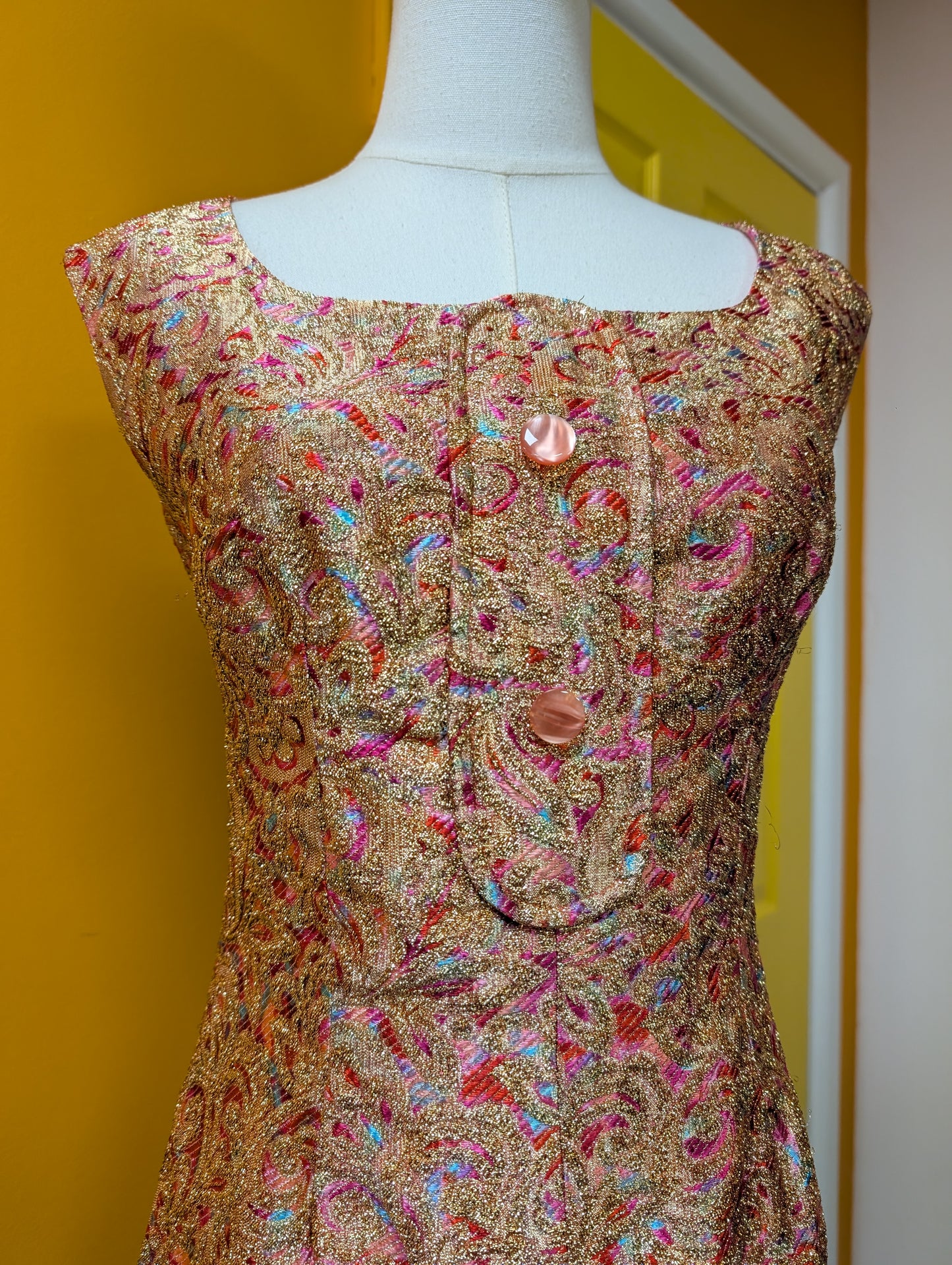 1960s Bernard Freres pink & gold sparkly dress - S/8/10