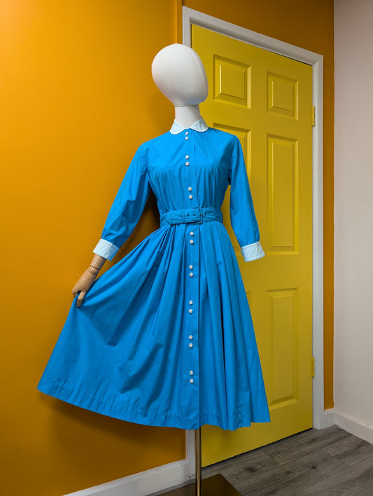 1950s The Lady by Harrimonde blue cotton dress and belt - 38"B, 29"W