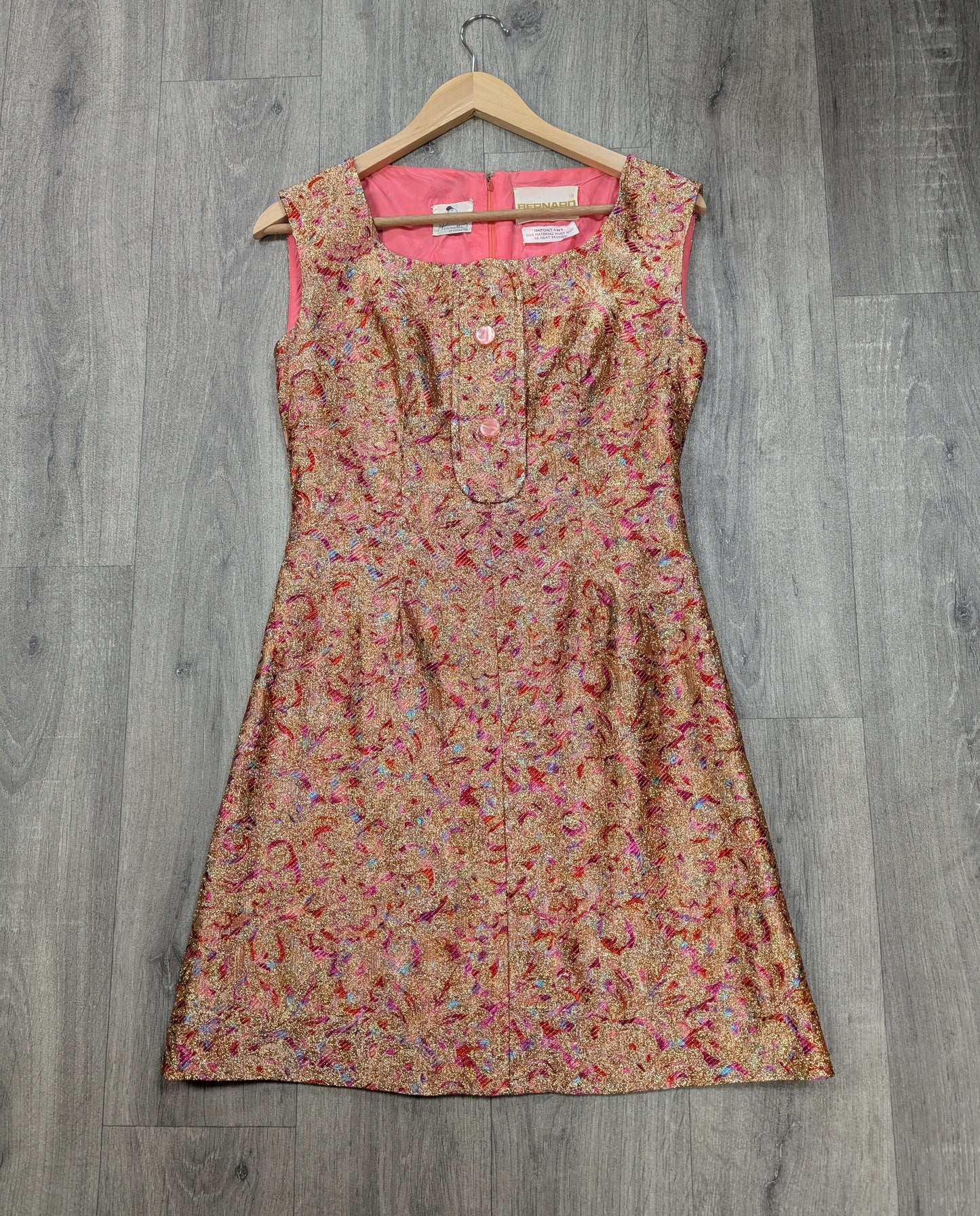 1960s Bernard Freres pink & gold sparkly dress - S/8/10