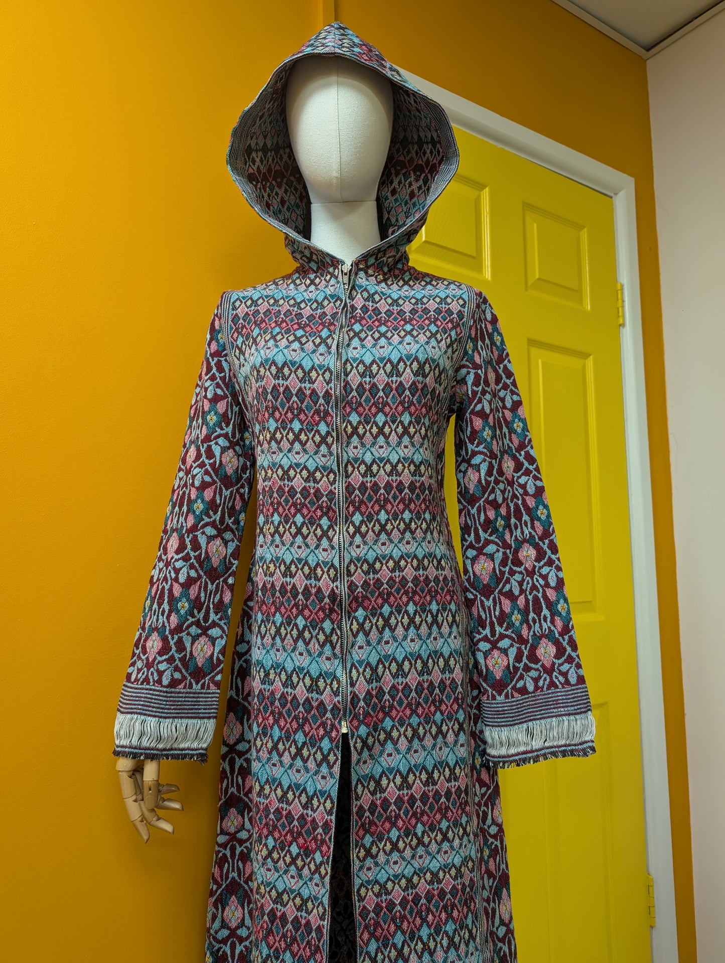 60s/70s cotton tapestry hooded maxi coat - XS