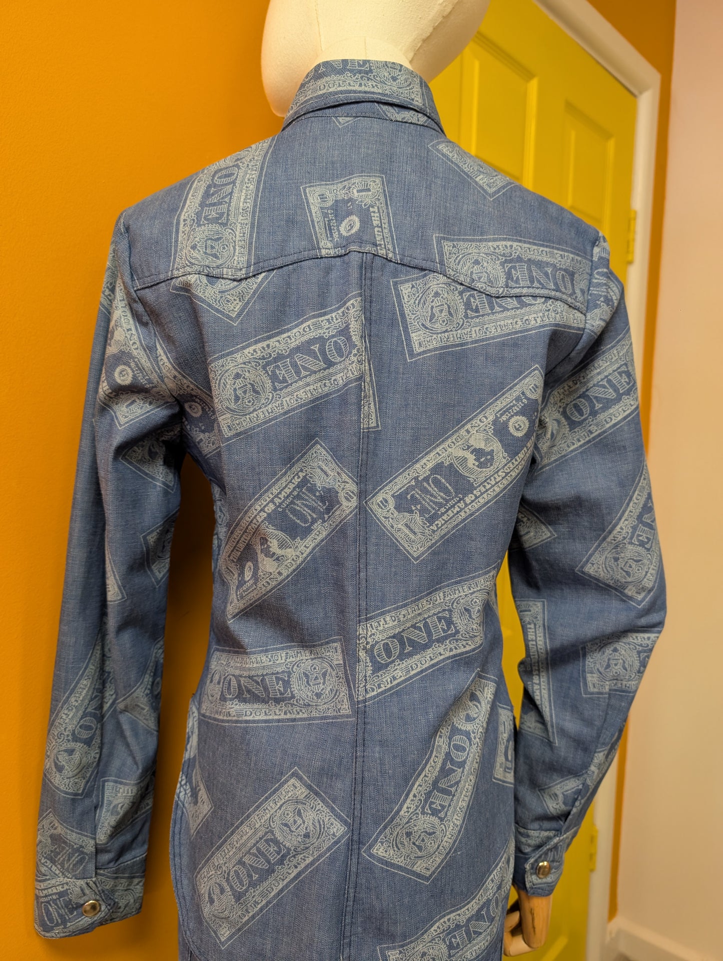1970s Dereta novelty dollar bill print flares and shirt trouser suit - S