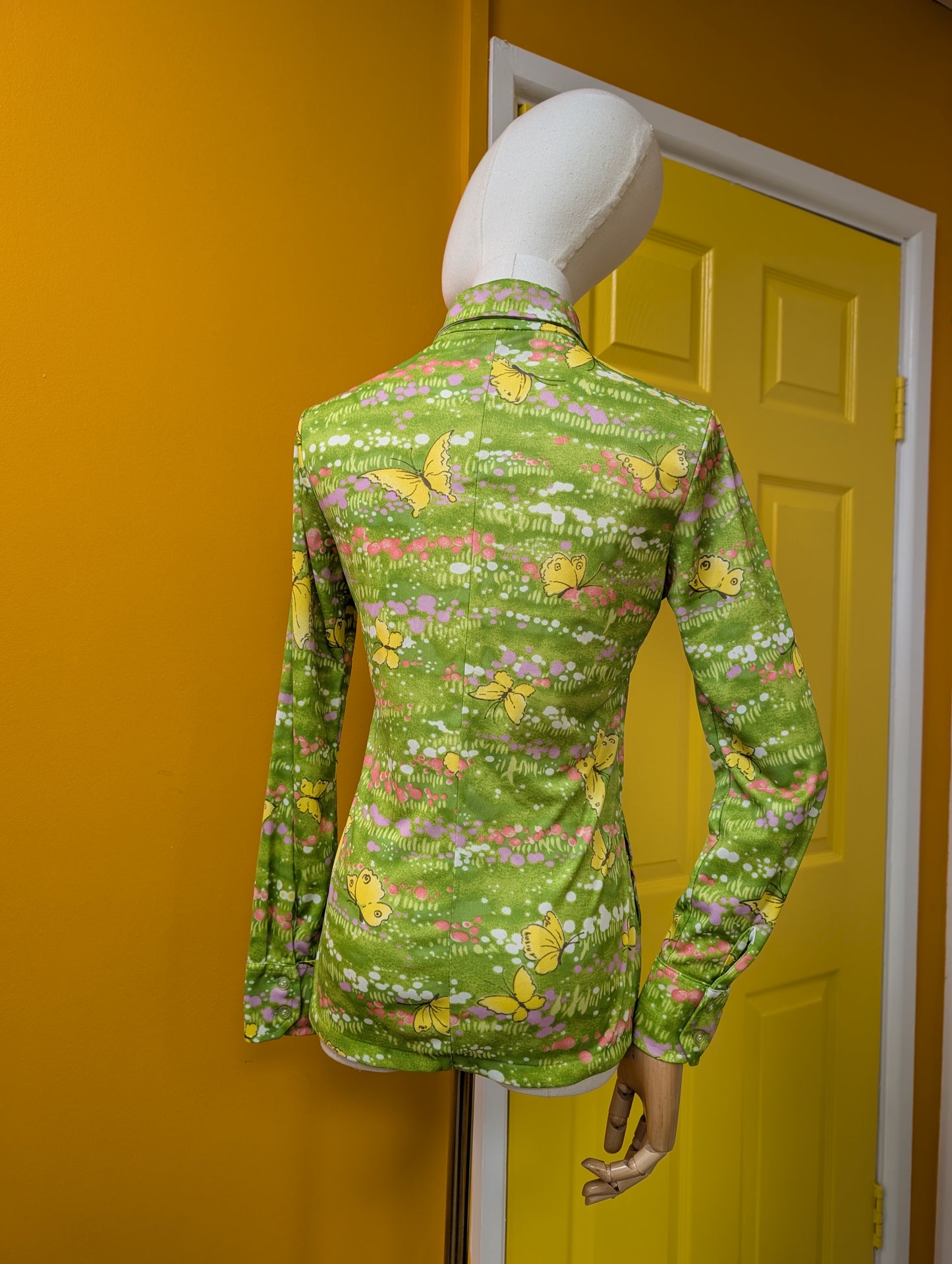 1970s Whip-O-Will green novelty butterfly print shirt - XS/S