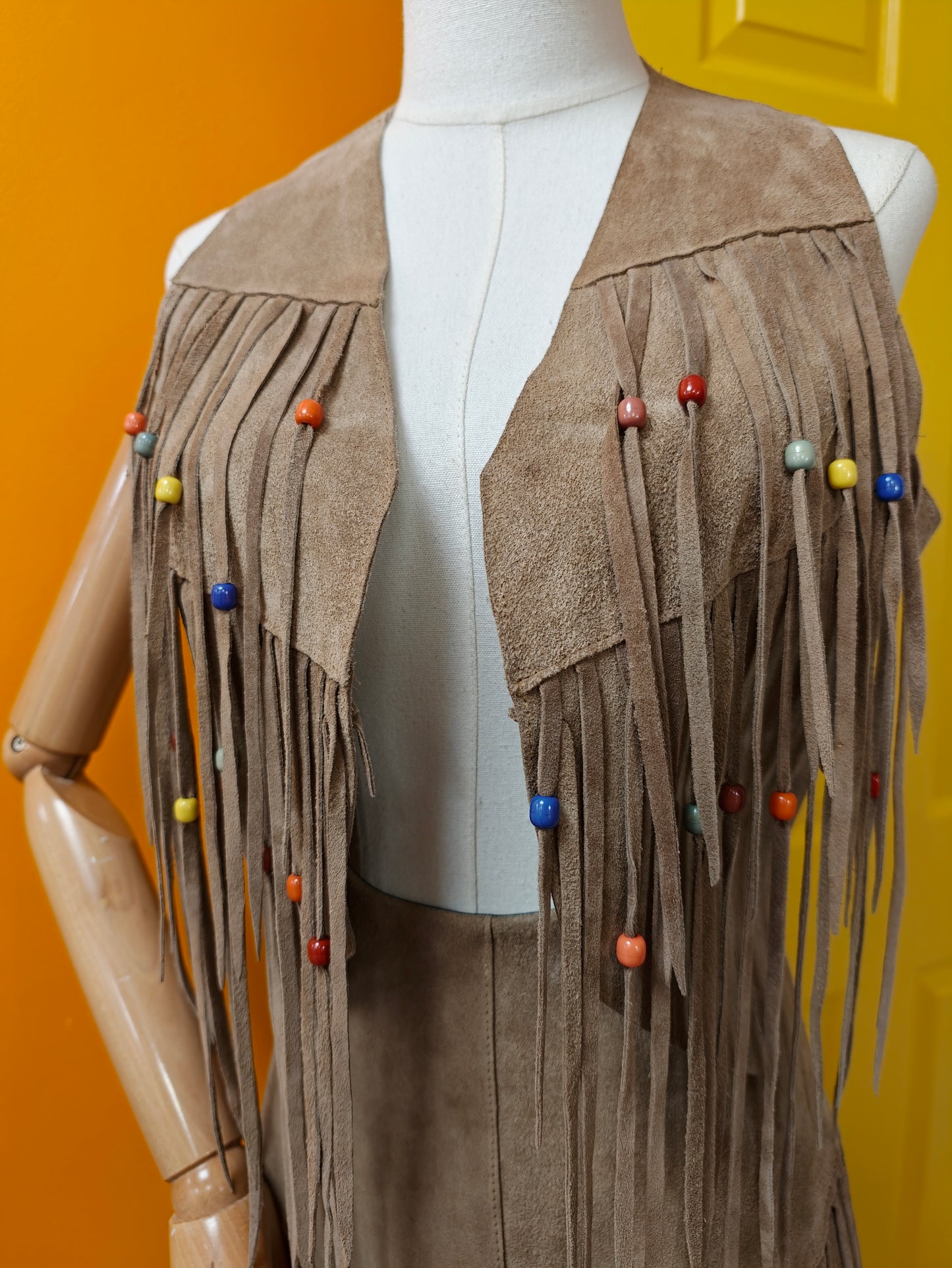 1970s beaded fringed suede skirt & waistcoat - M/12/14