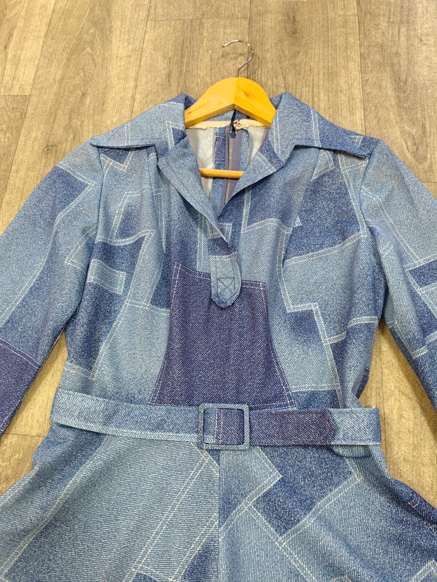 1970s blue patchwork print dress & belt - M/12