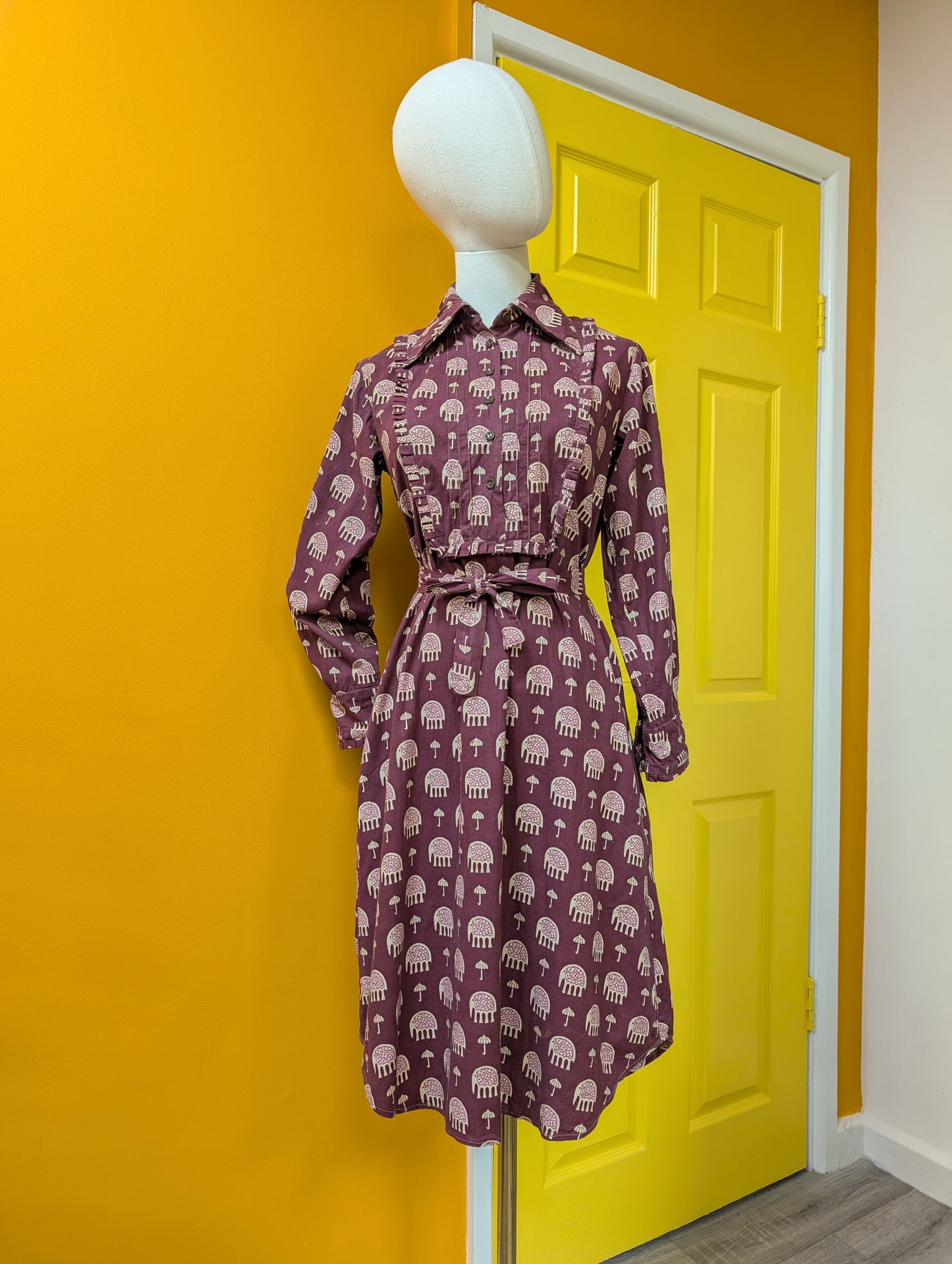 1970s India Imports elephant print cotton dress & belt - S/M