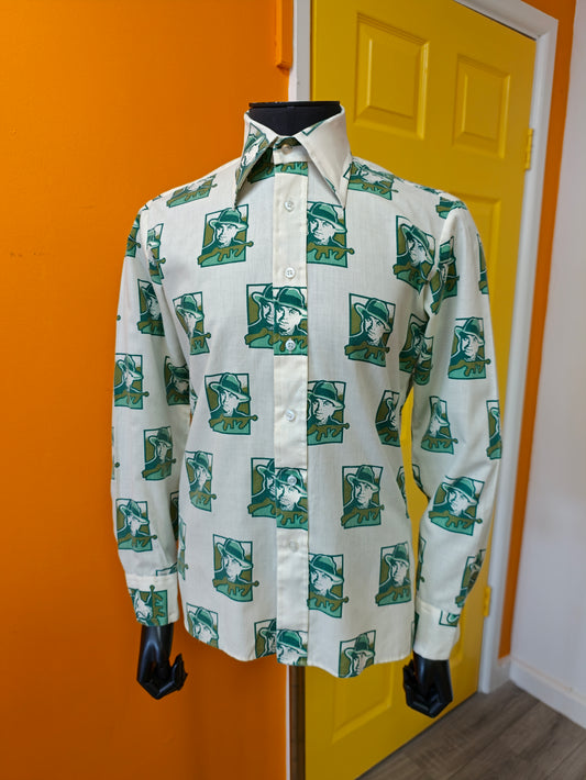 1970s Brutus novelty Al Capone print dagger collar shirt