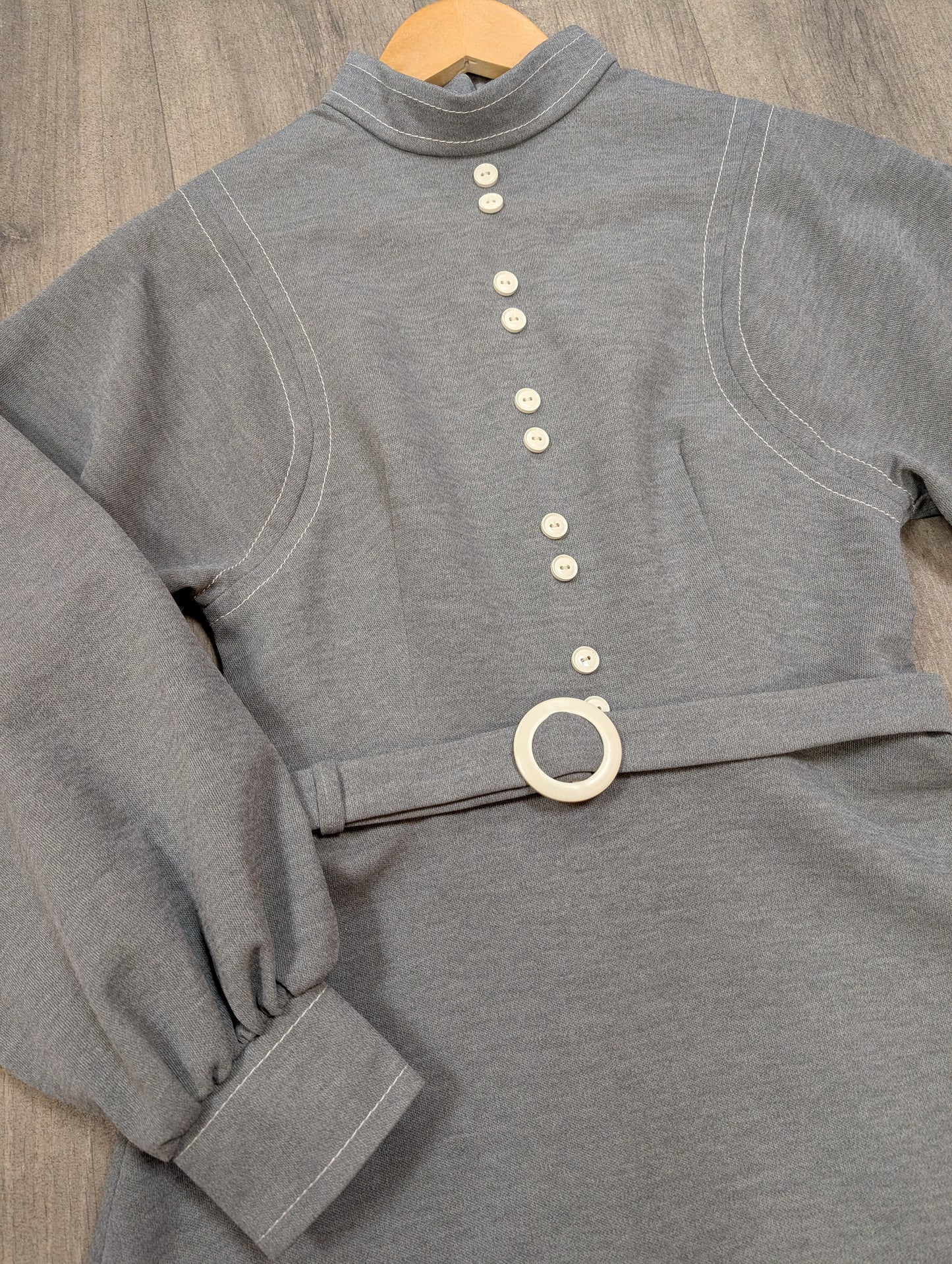 60s/70s grey dress & belt - S/8/10