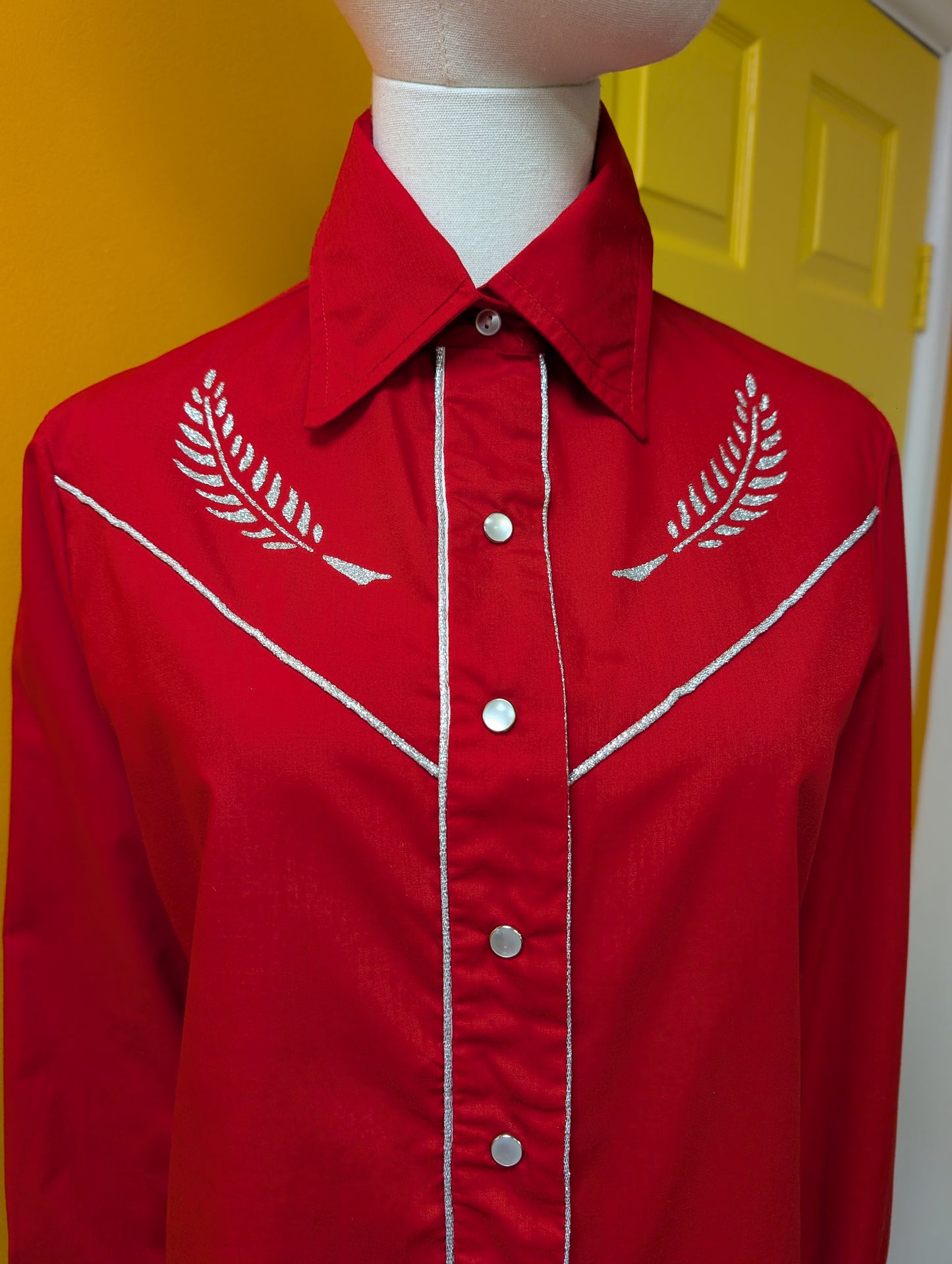 1970s red & silver western shirt - S/M