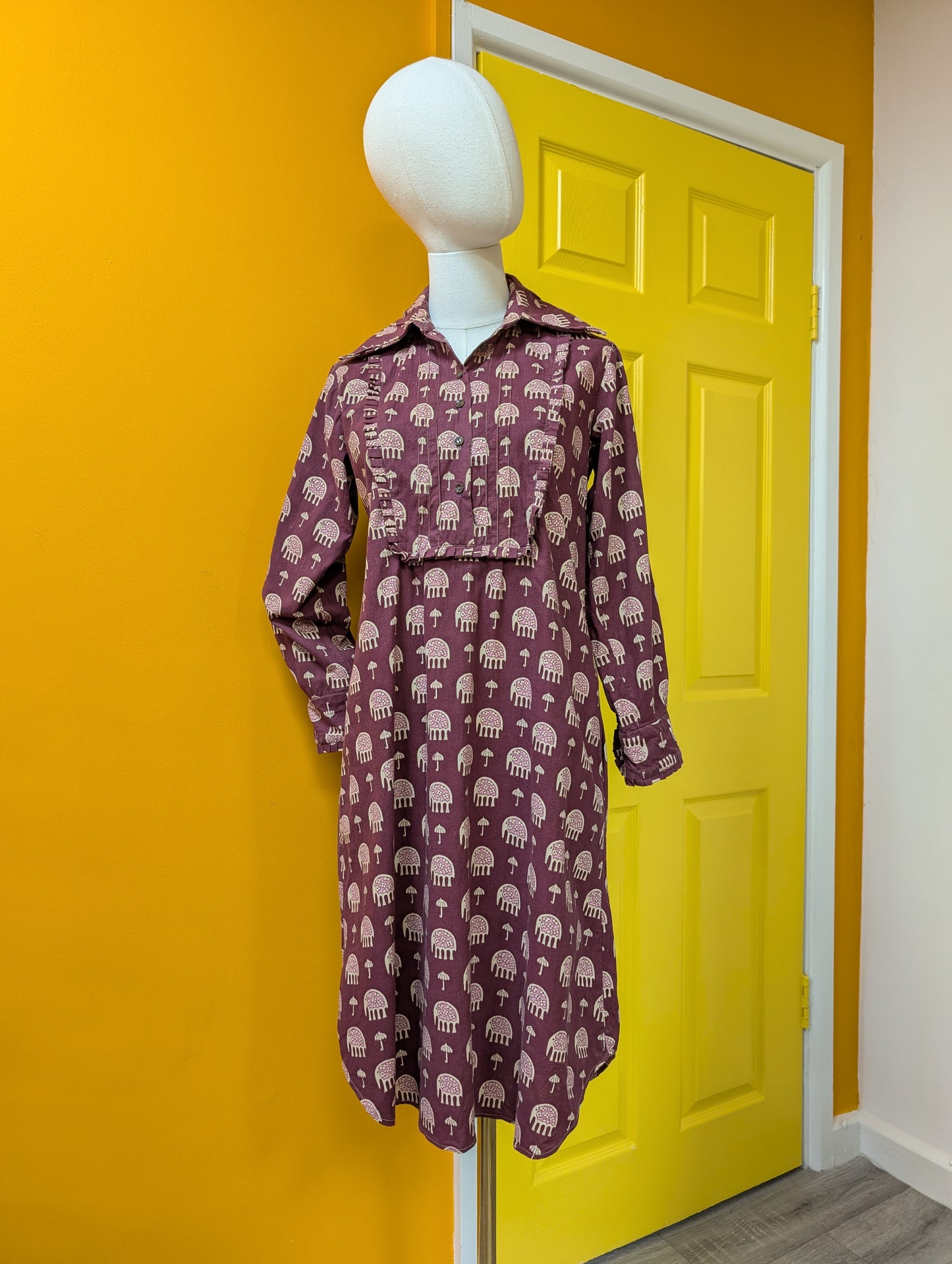 1970s India Imports elephant print cotton dress & belt - S/M