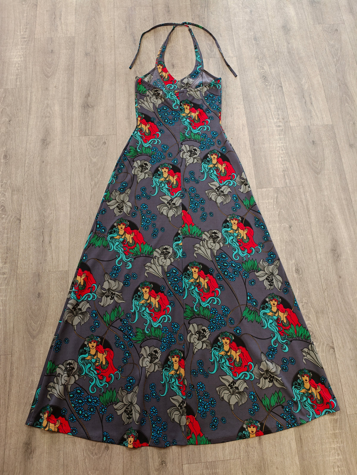 1970s Suku San novelty Art Nouveau print halter neck maxi dress & jacket - XS/S/6/8