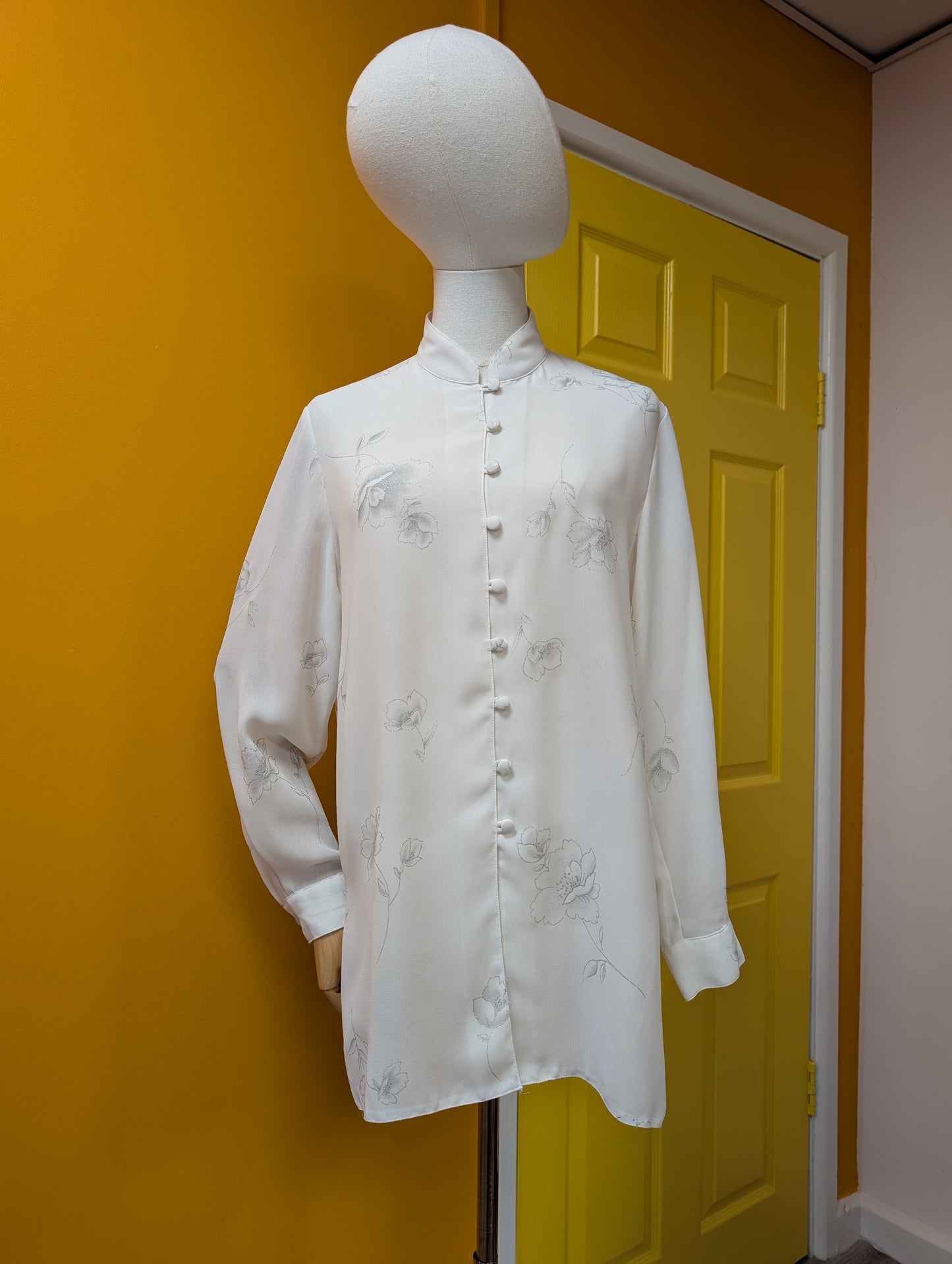 1980s white & silver floral shirt - M