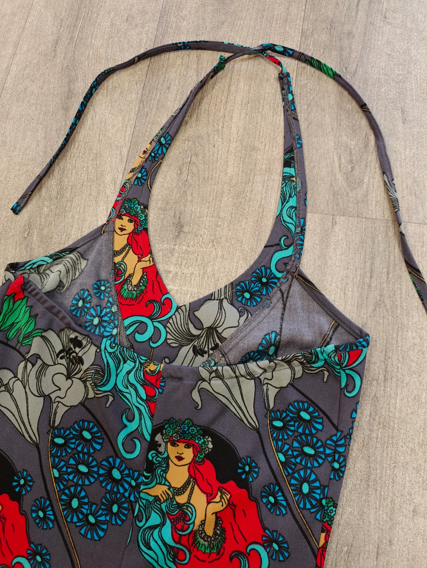 1970s Suku San novelty Art Nouveau print halter neck maxi dress & jacket - XS/S/6/8